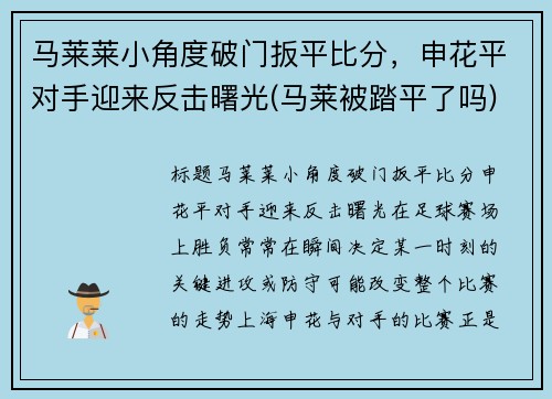 马莱莱小角度破门扳平比分，申花平对手迎来反击曙光(马莱被踏平了吗)